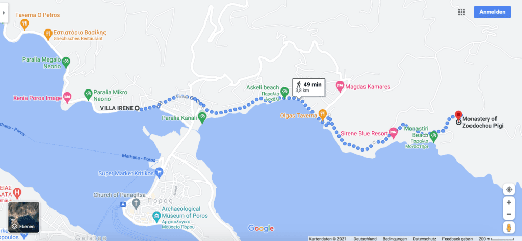 Die Route meiner Wanderung vom Hotel über den Kanali Beach, vorbei am Küstenort Askeli, bis zum Kloster Zoodochos Pigi auf Poros (Poros, Griechenland, September 2020).