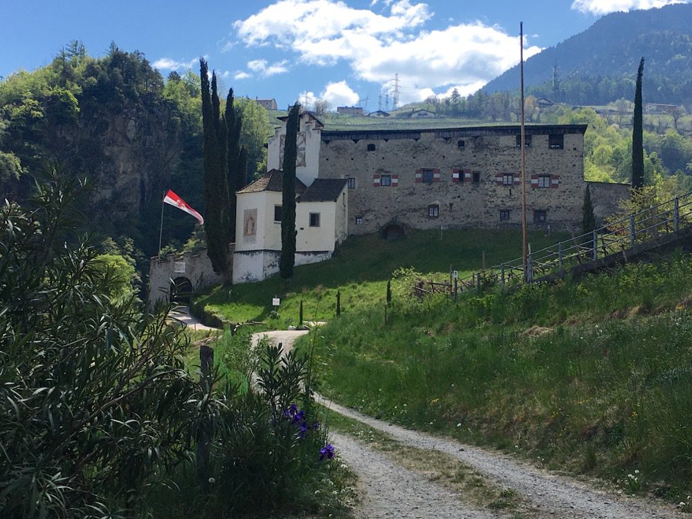 An Weinreben und Bäumen vorbeigespickt ergibt sich ein schöner Blick auf Schloss Braunsberg oberhalb von Lana (Lana, Meraner Land, Südtirol, 19.04.2022).